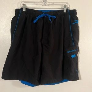 Speedo black with blue trim swim trunks elastic waist with tie closure